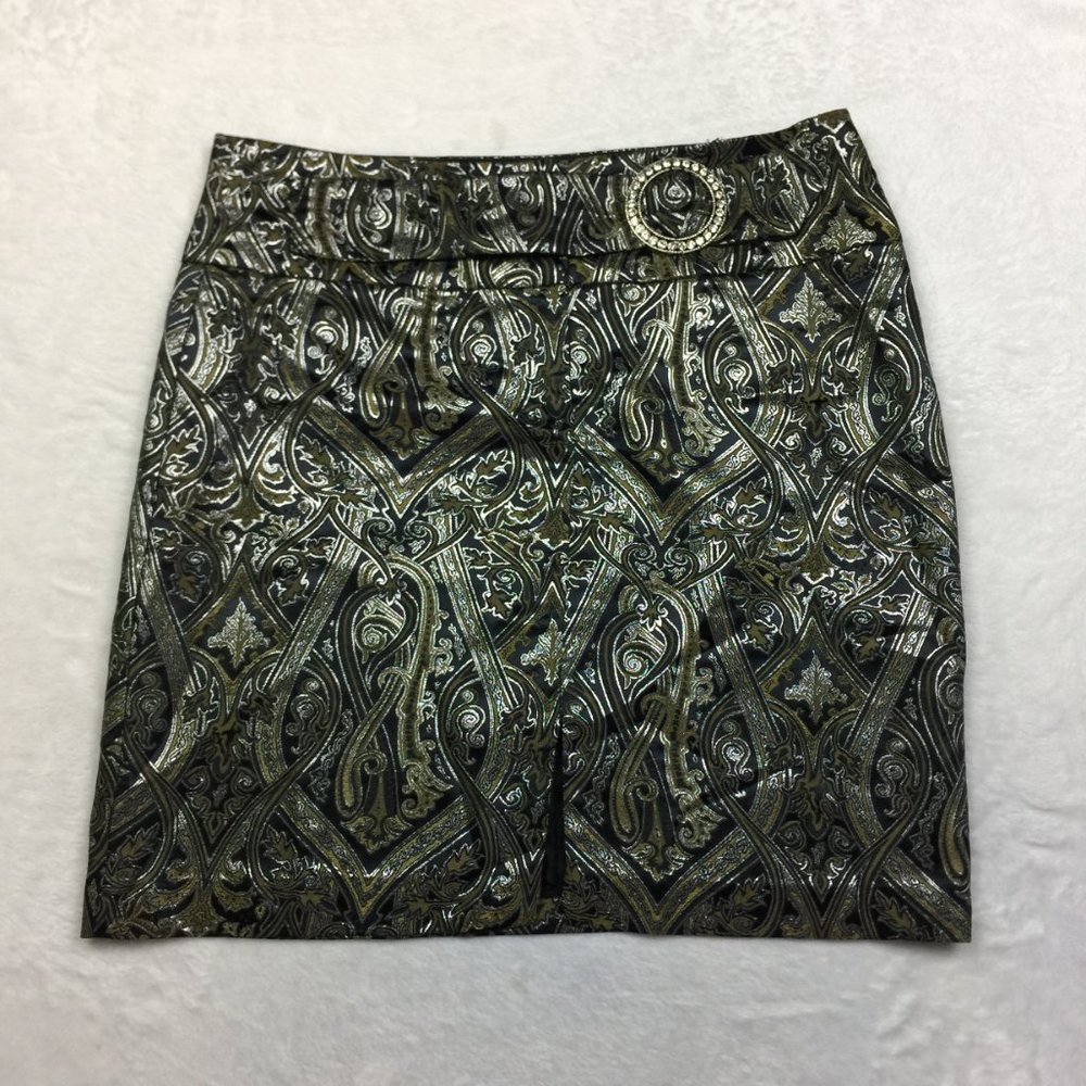 Cache Mini Pencil Skirt Sz 8 Womans Black Green Paisley Rhinestones Buckle Shiny